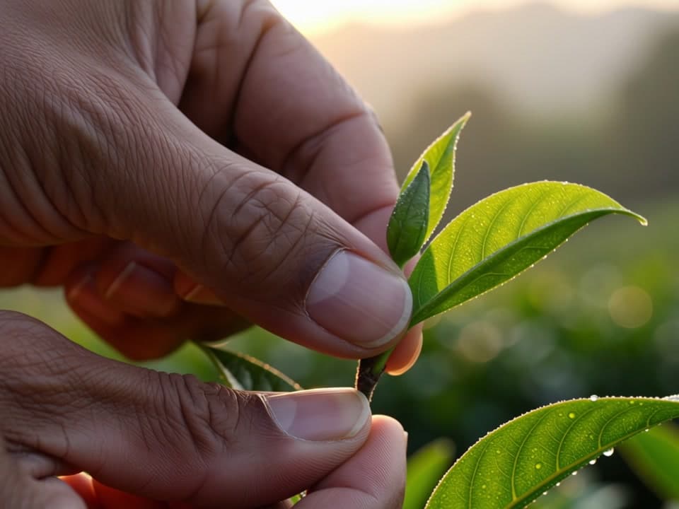 Hands picking a fresh tea bud at sunrise