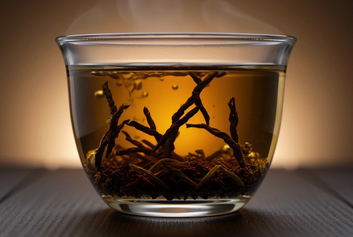 Tea leaves unfurling in a glowing glass cup