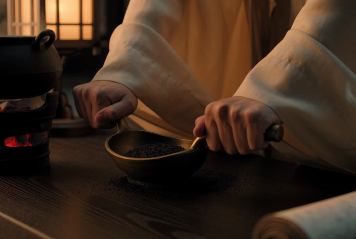 Hands in linen sleeves grinding tea beside a small charcoal stove, in warm lamplight