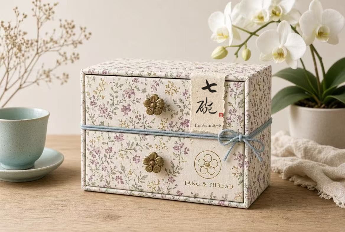 Two-drawer gift chest covered in ditsy plum-blossom floral fabric with brass flower knobs