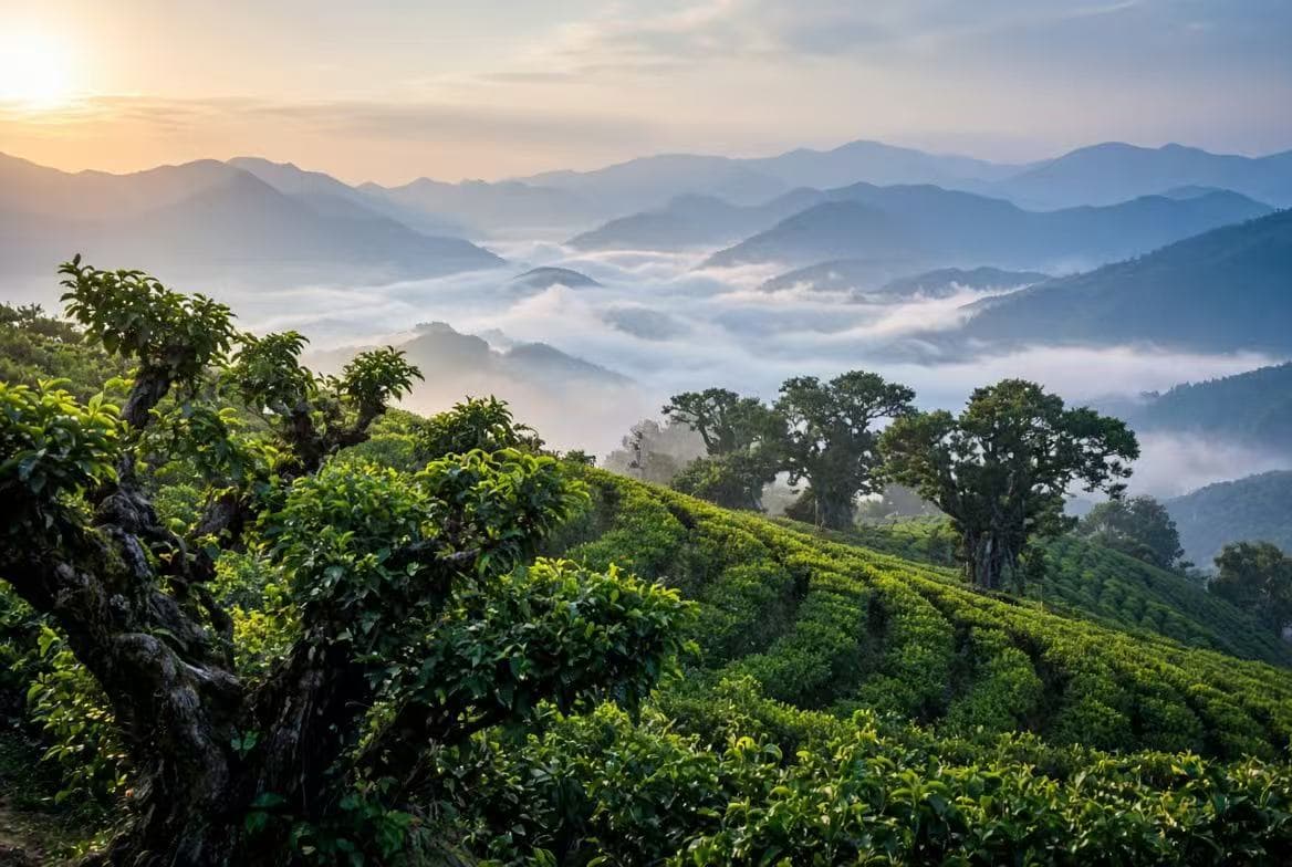 Misty tea mountains at dawn, old tea trees above terraced tea bushes