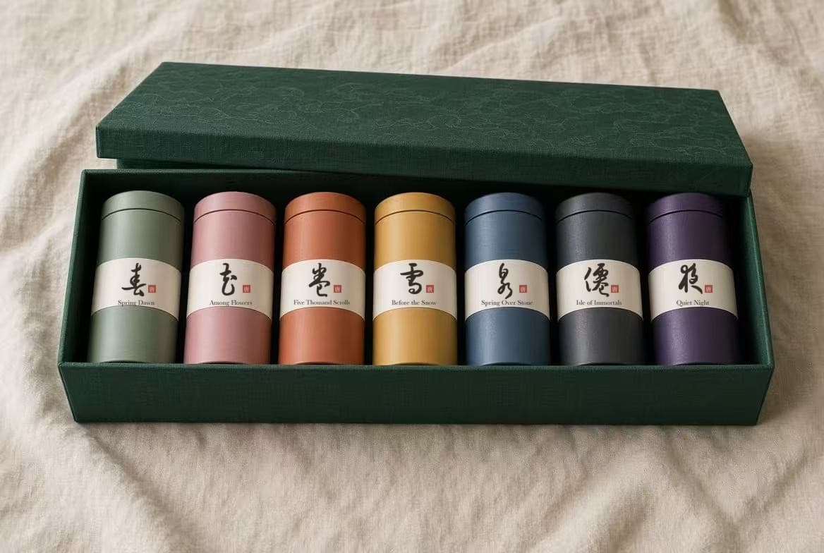 Long green cloth gift box with seven upright tea tins in a row, each labelled with its tea name