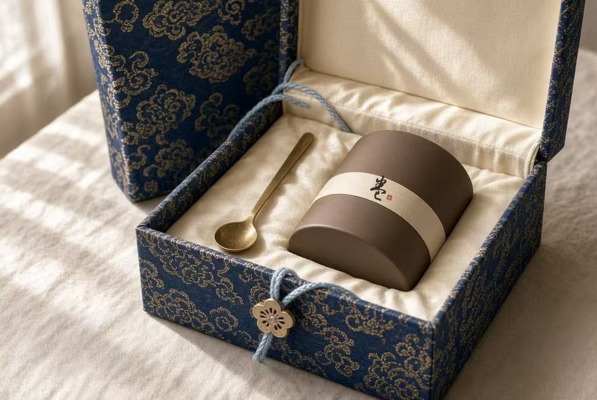 Square indigo brocade box with antique gold cloud pattern, holding a large tea tin and a brass scoop