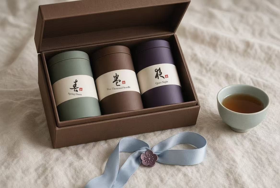 Brown cloth gift box with three upright tea tins labelled Spring Dawn, Five Thousand Scrolls and Quiet Night, beside a celadon cup